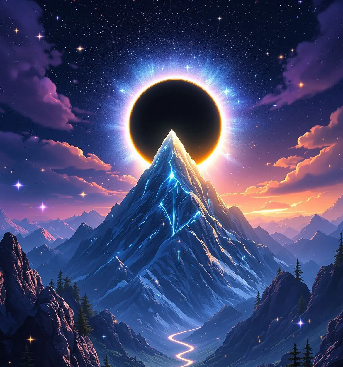 A black sun with a burning corona over a lightning-veined peak